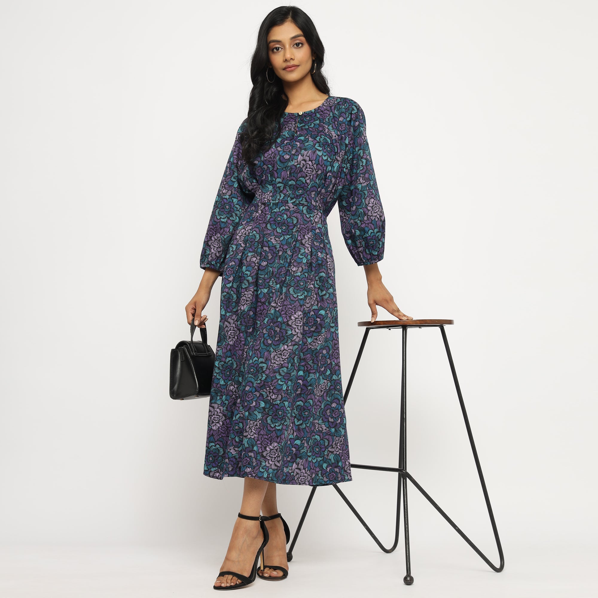 Midnight Bloom Fit & Flare Midi Dress